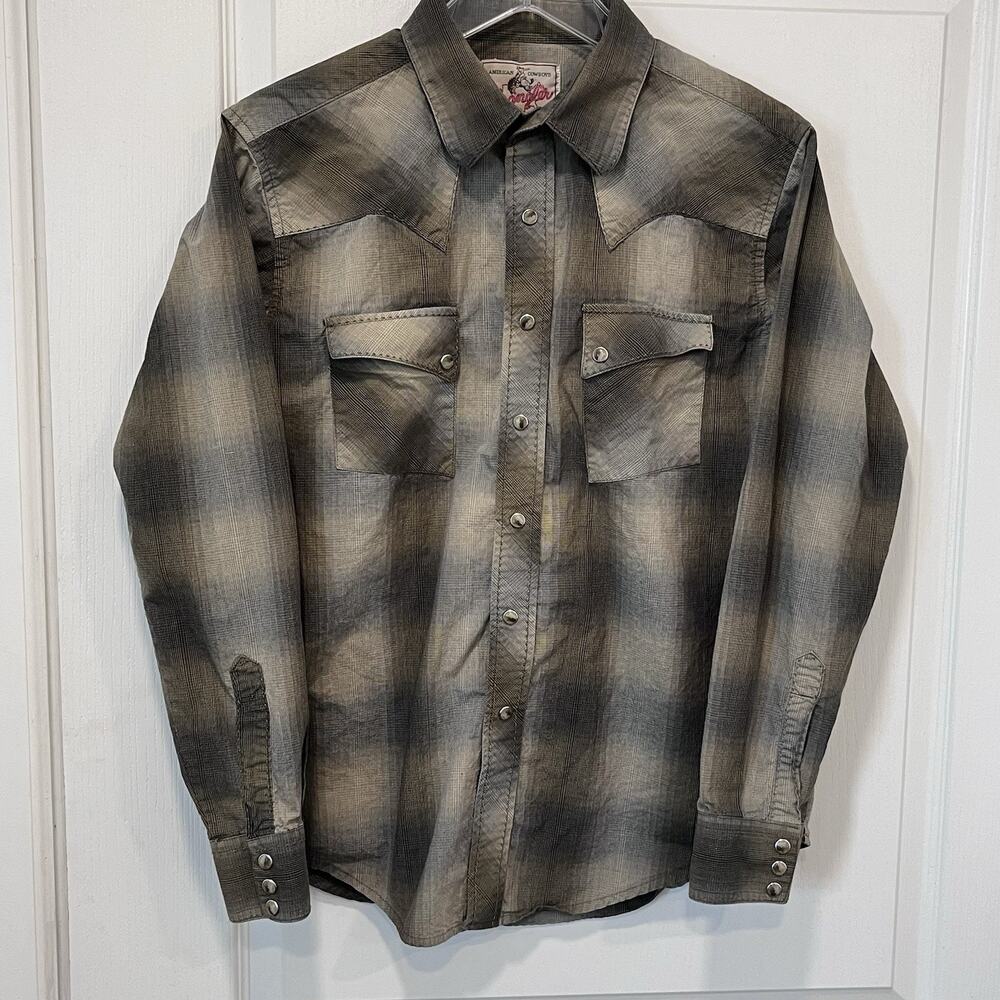 CLASSIC WRANGLER SIZE MEDIUM WESTERN SHIRT PLAID PEARL SNAPS HAND STICH TRIM
